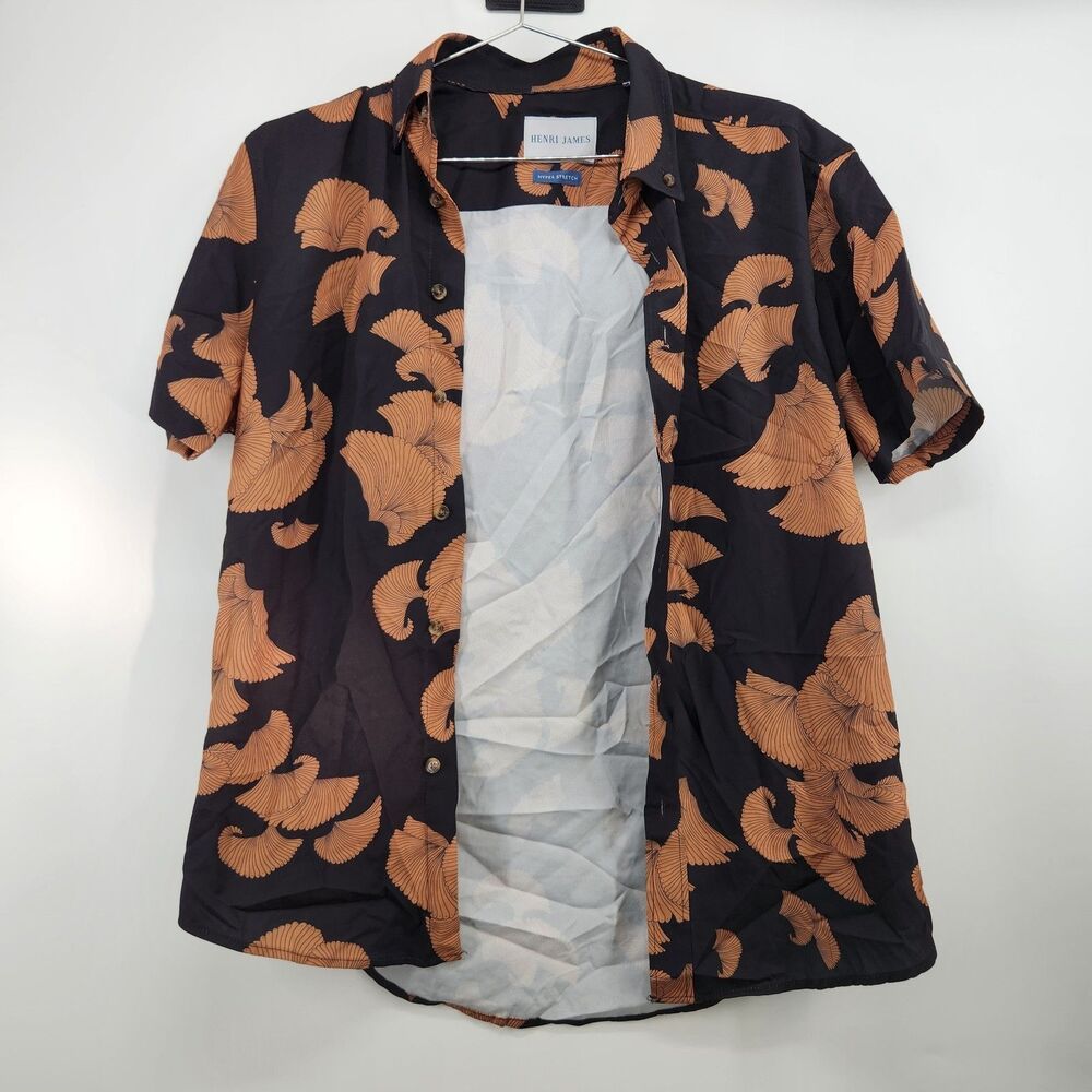 Henri James Brown Short Sleeve Floral Print Button Up‎ Shirt NWOT